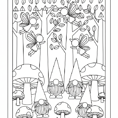 Black and white line art of enchanted woods creatures like fairies, gnomes, and magic mushrooms, all composed of circles, squares, and triangles for shape recognition.