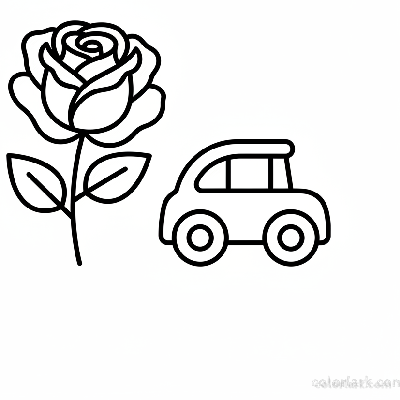 Simple rose and toy car outline coloring page for boys, black and white line art, easy flower and toy vehicle.
