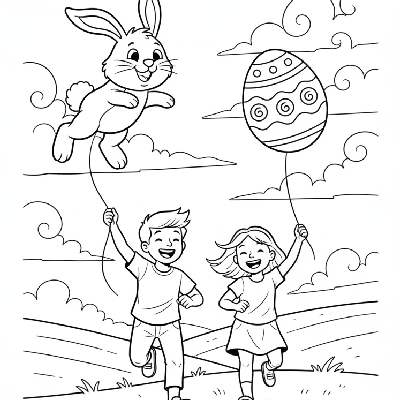 Black and white line art of two enthusiastic children flying Easter bunny and egg-shaped kites in a spring sky.