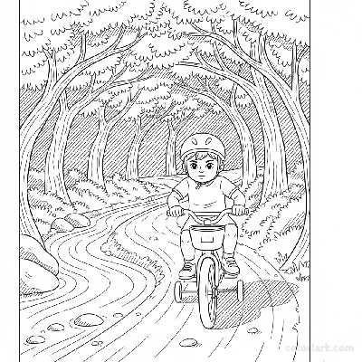 Black and white line art coloring page of a child with a helmet, riding a bicycle on a shady track next to a small stream.