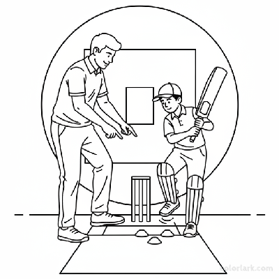 Young Indian cricketer learning batting footwork drills with coach, black and white line art.