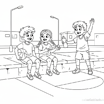 Line art of Indian children taking a break from street basketball, chatting with a friend offering water.