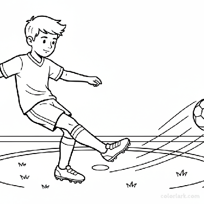 Line art of a young boy footballer delivering an amazing strike.