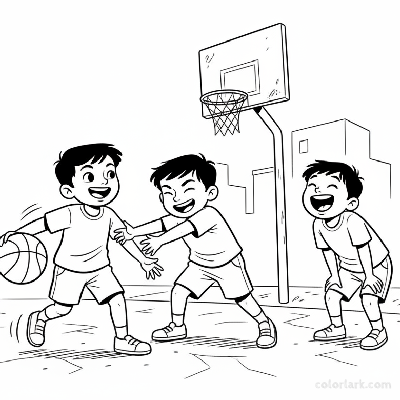 Line art of Indian children laughing and playing street basketball, with a friend laughing on the sidelines.