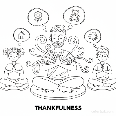 Line art of kids practicing Gratitude meditation with a yoga instructor.