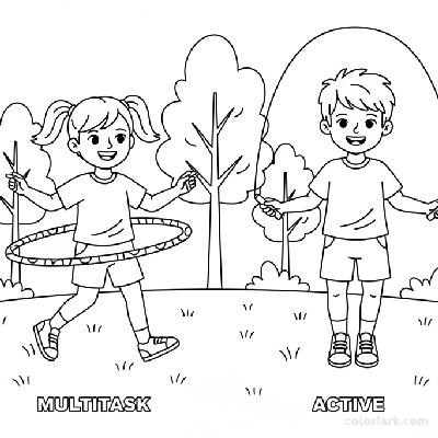 Line art of kids hula hooping and skipping rope side by side outdoors
