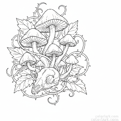Black and white line art of a gothic still life with sinister mushrooms growing around an ornate animal skull and thorny vines, for coloring.