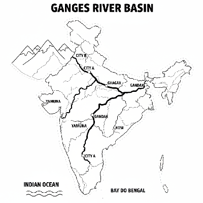 Line art coloring map of the Ganges River Basin in India, showing the Ganges and its primary tributaries like the Yamuna.