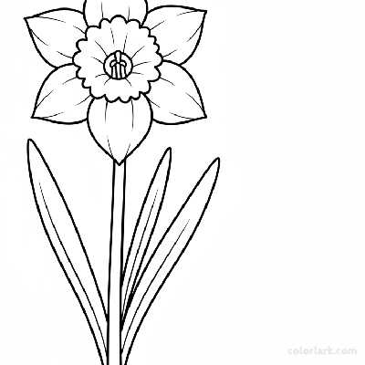 Black and white line art of a cheerful daffodil flower with its trumpet-shaped corona, surrounding petals, stem, and blade-like leaves.