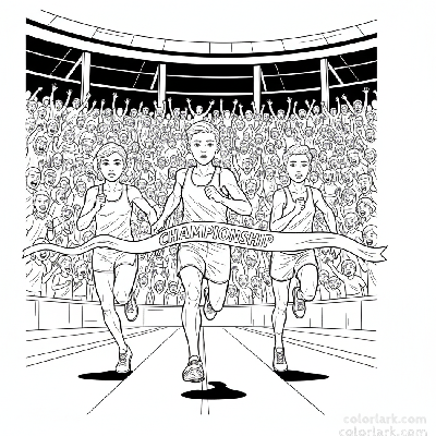 Line art of kids in a championship sprint race to a finish line with a massive cheering crowd