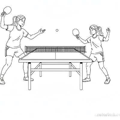 Black and white line art of a girl mimicking her coach's service motion for a topspin table tennis serve.