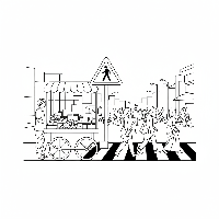 Black and white line art of an Indian street vendor near an Indian pedestrian crossing warning sign and pedestrians.