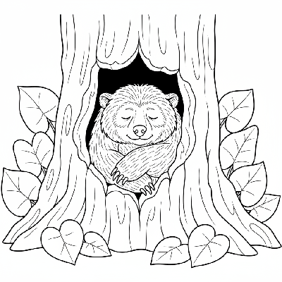 Black and white line art of an Indian Sloth Bear sleeping soundly in a cozy hollow tree trunk.
