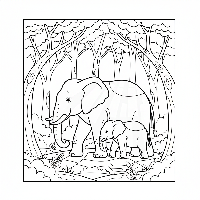 Free printable coloring page of a mother and baby elephant walking in dappled sunlight.
