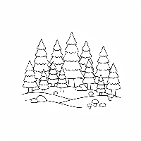 A black-and-white line art illustration of nine green pine trees in a forest, for a number 9 counting coloring page.