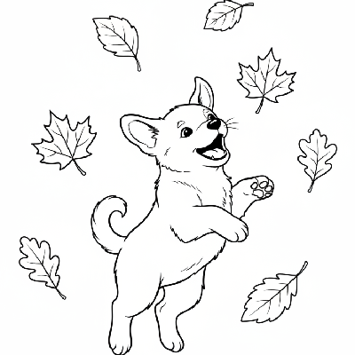 Black and white line art of a playful puppy leaping and trying to catch single autumn leaves falling around it, for Indian children.