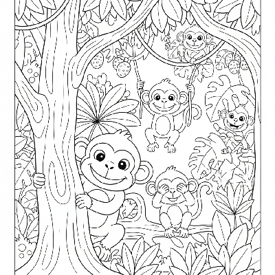 Black and white line art of happy monkeys playing hide and seek in the jungle trees