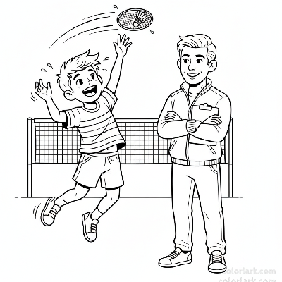 Line art of an enthusiastic boy hitting a shuttlecock with a badminton smash, with his coach.