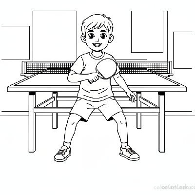 Line art of an eager boy learning forehand defense in table tennis.