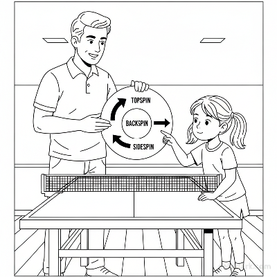Black and white line art of a table tennis coach using a diagram to explain spin physics to a young girl.