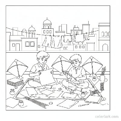 Line art of Indian boys making kites on an Indian city rooftop before flying, for coloring.