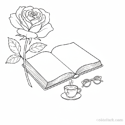 Black and white line art of an elegant rose placed beside an open book, suggesting a reading nook