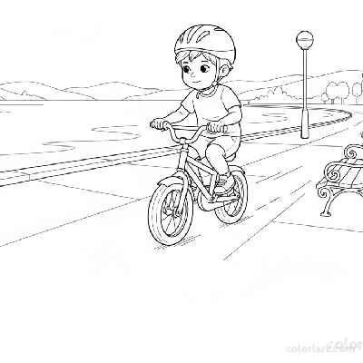 Black and white line art coloring page of a child with a helmet, practicing pedaling a bicycle on a lakeside promenade.