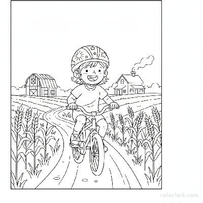 Black and white line art coloring page of a happy child with a helmet, riding a bicycle on a scenic farm lane.