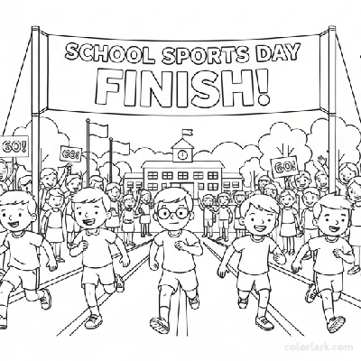 Line art of kids sprinting in a school athletic meet towards a finish line with a cheering school crowd