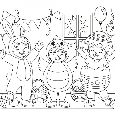 Black and white line art of three joyful children dressed up in cute Easter bunny, chick, and egg costumes.