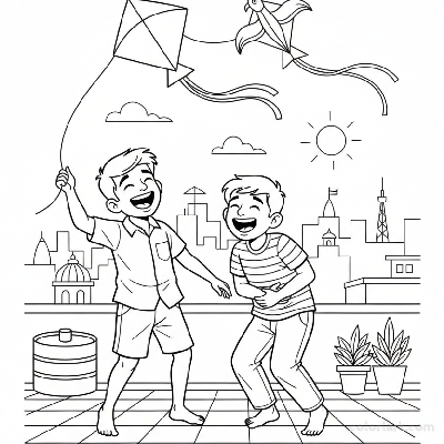 Line art of two Indian boys sharing laughter while flying kites on an Indian city rooftop, for coloring.