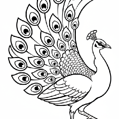 Black and white line art coloring page of an Indian peafowl (peacock) strutting with its tail feathers fanned.