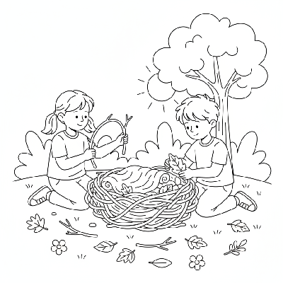 Black and white line art of two children working together to build a pretend bird's nest with twigs and leaves.