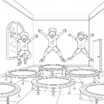 Black and white line art of children exercising on trampolines in a bright kids gym setting.