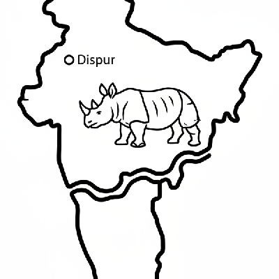 Line art coloring map of Assam state, featuring a rhino representing Kaziranga National Park and the Brahmaputra River.