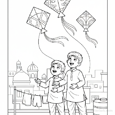 Line art of young Indian boys gazing at kites soaring high above an Indian city rooftop, for coloring.