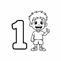 Black and white line art coloring page of one happy child with the number 1 displayed.
