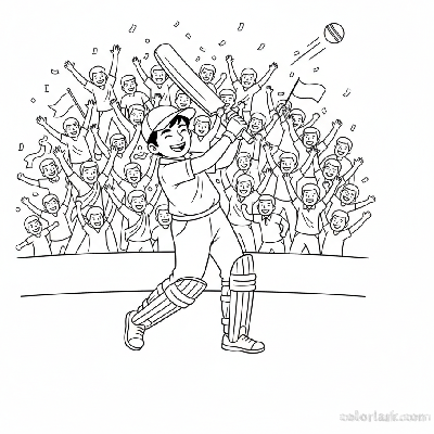 Black and white line art of an energetic Indian kid hitting a grand six and the stadium audience bursting with joy.
