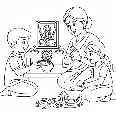 Helpful children assisting an elder with various Diwali puja preparations at home, showing respect, black-and-white line art