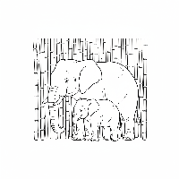 Mother and baby elephants with tall swaying bamboo coloring page.