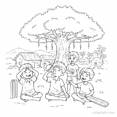 Group of Indian children taking a water break during a cricket game on a village ground, showing camaraderie.