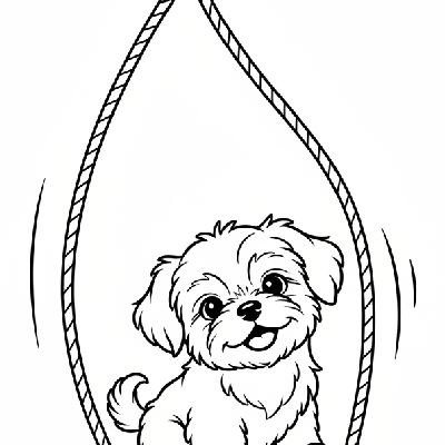 Black and white line art of a joyful Shih Tzu puppy sitting happily in a simple rope swing.