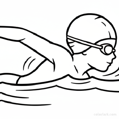 Black and white line art side view of a child swimming freestyle in a pool, wearing a swim cap and goggles.