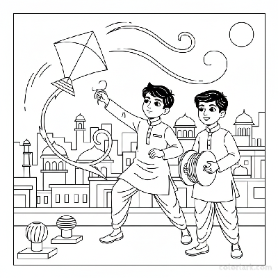Line art of young Indian boys practicing kite maneuvers on an Indian breezy city rooftop, for coloring.