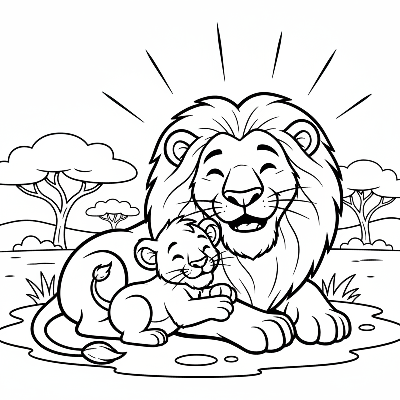 Black and white line art of a happy adult lion and his cub sharing a cozy, sunny spot.