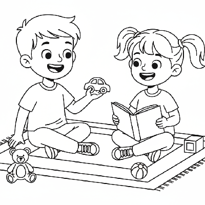 Kind children happily sharing their favorite toys and books on Diwali day, showing generosity and friendship, line art