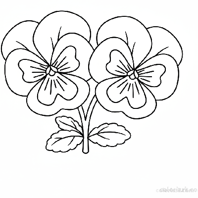Black and white line art of two pansy flowers, showing their unique markings and overlapping petals, with stems and leaves.