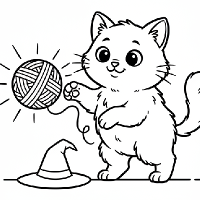 Black and white line art of a cute witch's cat playing with a glowing magic yarn ball, Halloween coloring page.