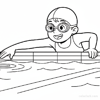 Black and white line art of a smiling child at the pool edge, ready for a freestyle lap, wearing a swim cap and goggles.