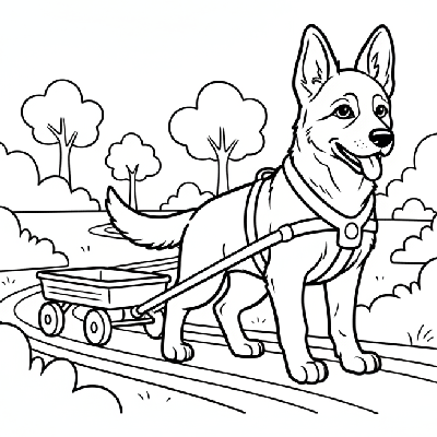 Black and white line art of a German Shepherd puppy harnessed to and pulling a small toy wagon.